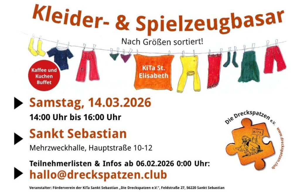 Größensortierter Kleider- und Spielzeugbasar am 14.03.2026 in Sankt Sebastian bei Koblenz.
