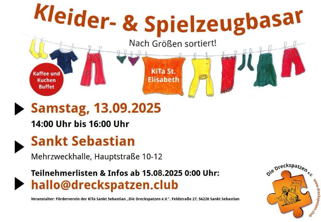 Plakat für den größensortierten Kleider- und Spielzeugbasar am 13.09.2025 in Sankt Sebastian bei Koblenz.